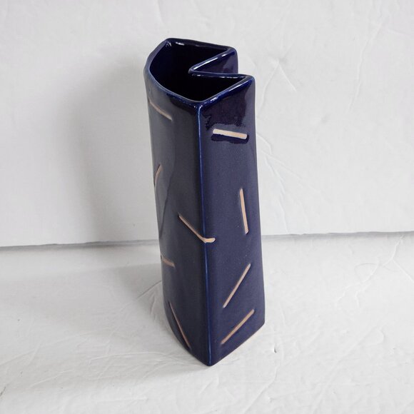 Vintage Stoneware Geometric Vase Retro MCM Rare HTF Cobalt Blue Glazed 6 5/8" - Picture 13 of 14